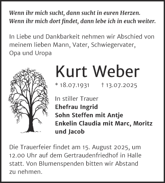 Traueranzeige von Kurt Weber von Mitteldeutsche Zeitung Halle/Saalkreis