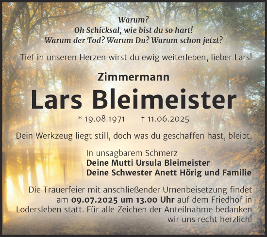 Traueranzeige von Lars Bleimeister von Mitteldeutsche Zeitung Merseburg/Querfurt