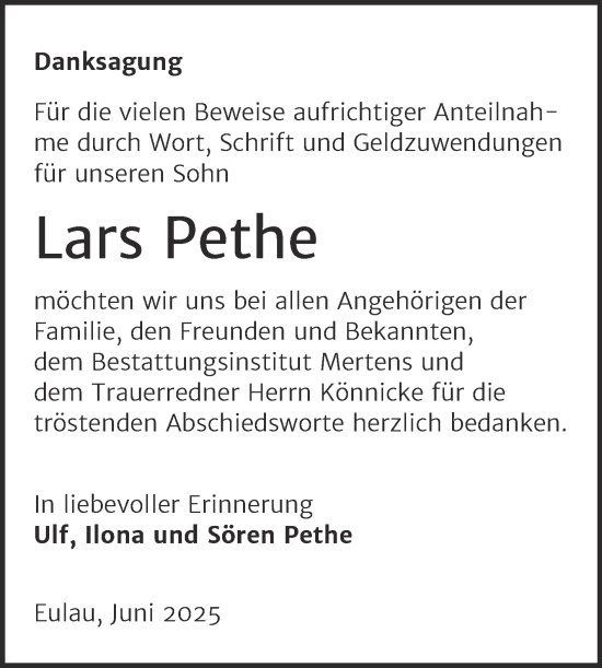 Traueranzeige von Lars Pethe von Super Sonntag Naumburg/Nebra