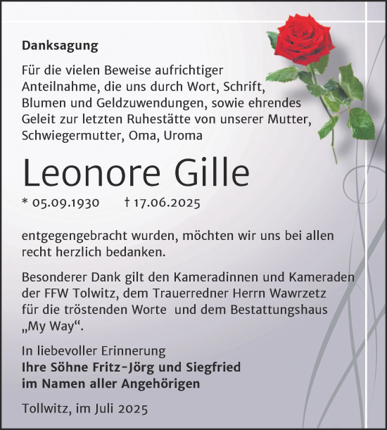 Traueranzeige von Leonore Gille von Trauerkombi Merseburg