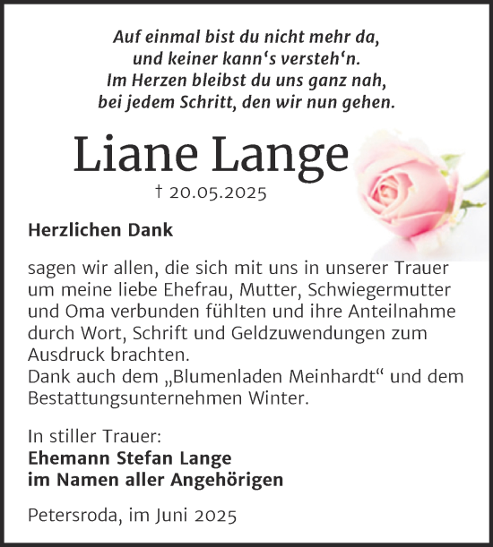 Traueranzeige von Liane Lange von Trauerkombi Bitterfeld