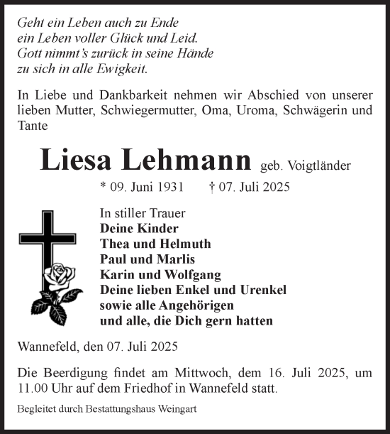 Traueranzeige von Liesa Lehmann von Volksstimme Altmark West