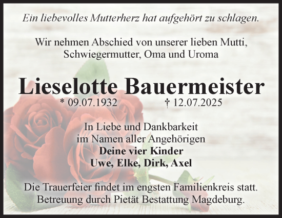 Traueranzeige von Lieselotte Bauermeister von Volksstimme Magdeburg
