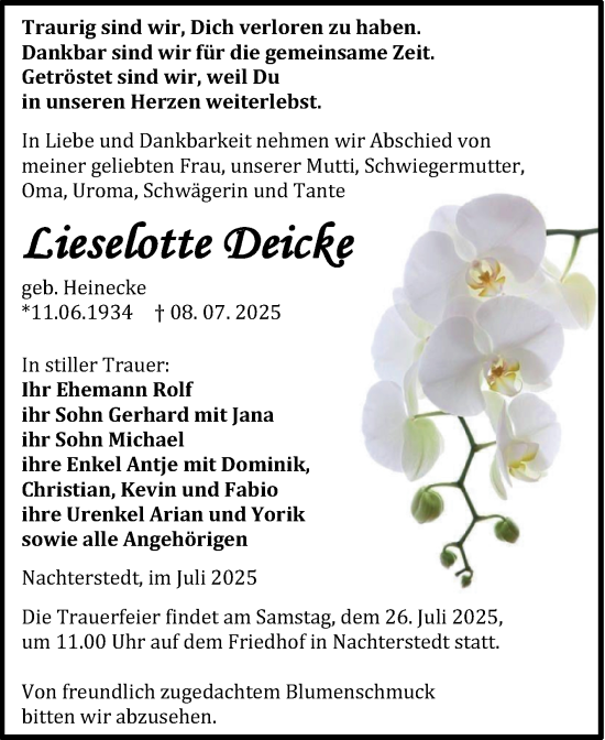 Traueranzeige von Lieselotte Deicke von Trauerkombi Aschersleben