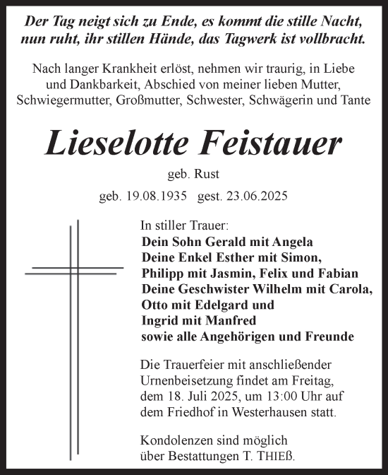 Traueranzeige von Lieselotte Feistauer von Trauerkombi Quedlinburg