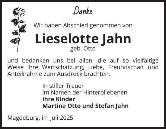 Traueranzeige von Lieselotte Jahn von Volksstimme Magdeburg