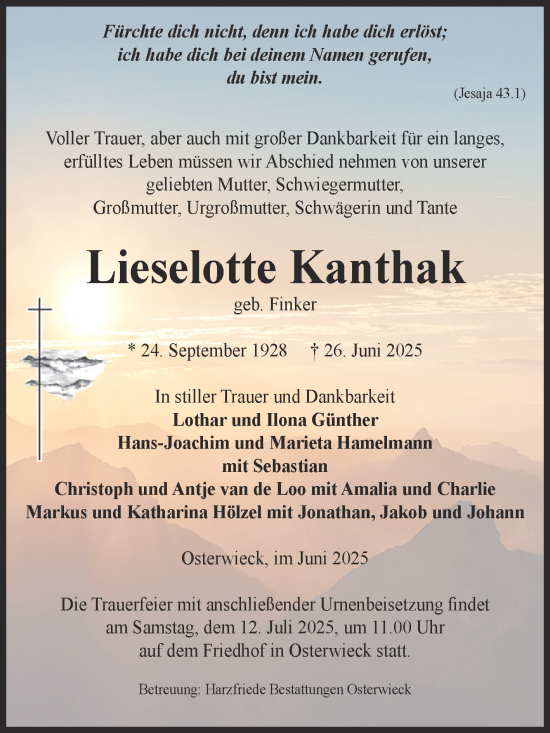 Traueranzeige von Lieselotte Kanthak von Volksstimme Halberstadt