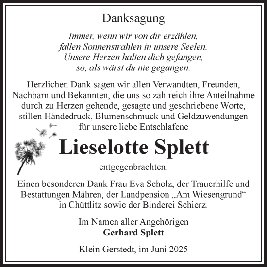 Traueranzeige von Lieselotte Splett von Volksstimme Altmark West