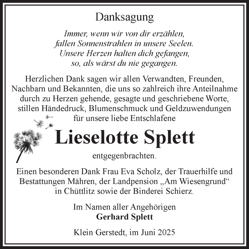  Traueranzeige für Lieselotte Splett vom 05.07.2025 aus Volksstimme Altmark West