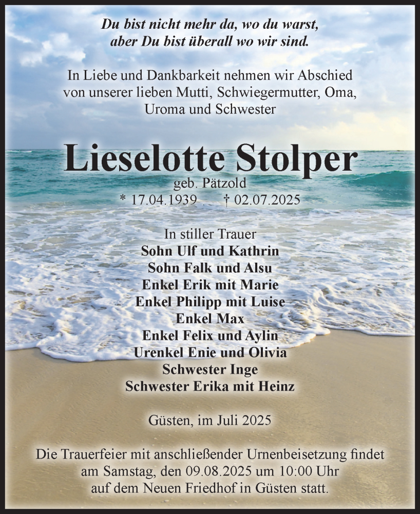  Traueranzeige für Lieselotte  Stolper vom 19.07.2025 aus 