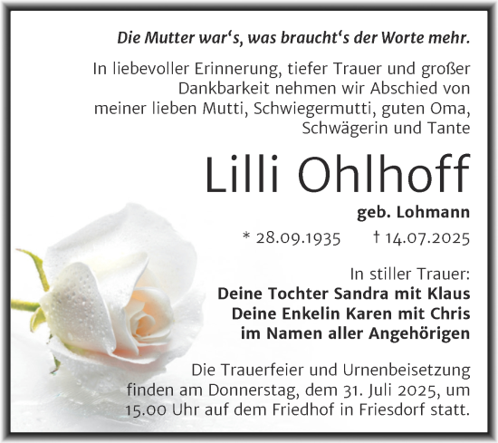 Traueranzeige von Lilli Ohlhoff von Trauerkombi Mansfelder Land