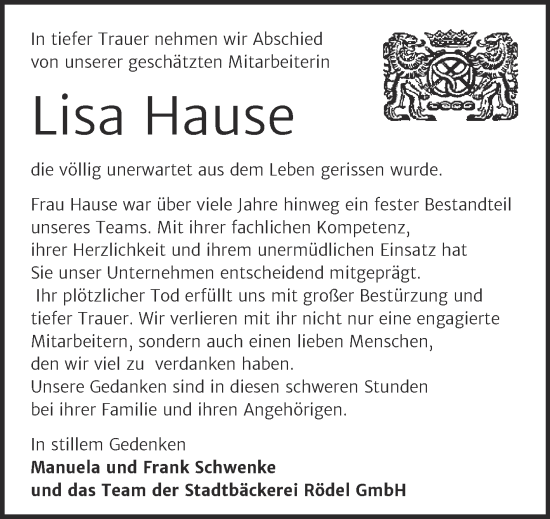 Traueranzeige von Lisa Hause von Super Sonntag Köthen