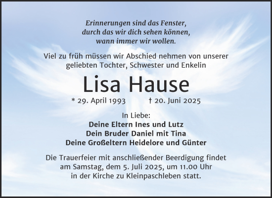 Traueranzeige von Lisa Hause von Trauerkombi Köthen