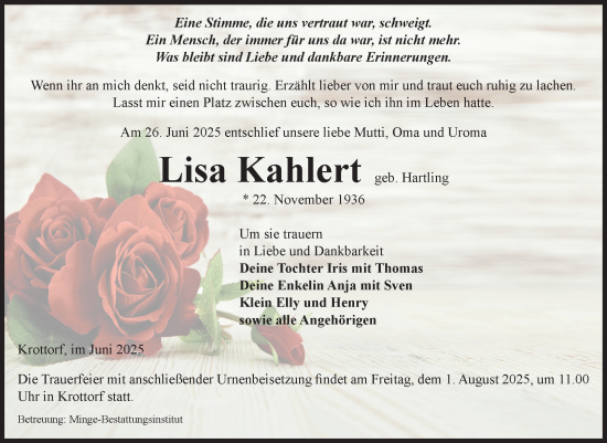 Traueranzeige von Lisa Kahlert von Volksstimme Oschersleben/Wanzleben
