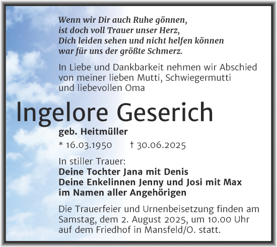 Traueranzeige von lngelore Geserich von Trauerkombi Mansfelder Land