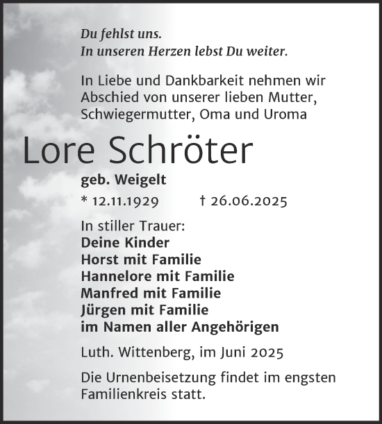 Traueranzeige von Lore Schröter von Trauerkombi Wittenberg