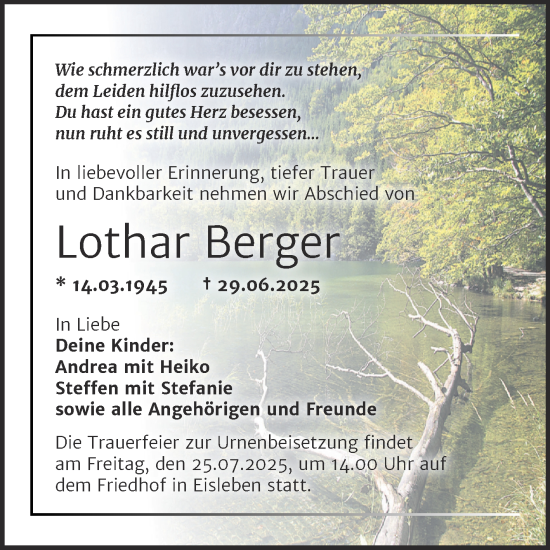 Traueranzeige von Lothar Berger von Trauerkombi Mansfelder Land