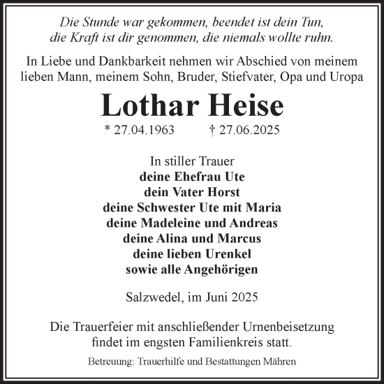 Traueranzeige von Lothar Heise von Volksstimme Altmark West