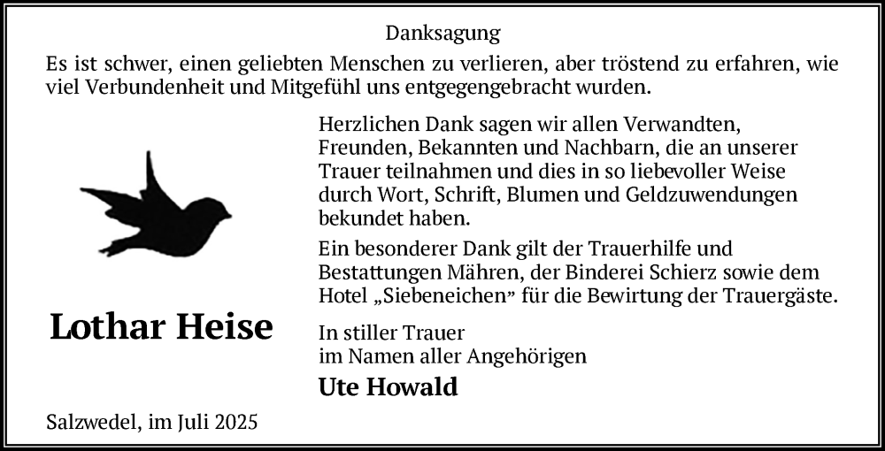  Traueranzeige für Lothar Heise vom 24.07.2025 aus Volksstimme Altmark West