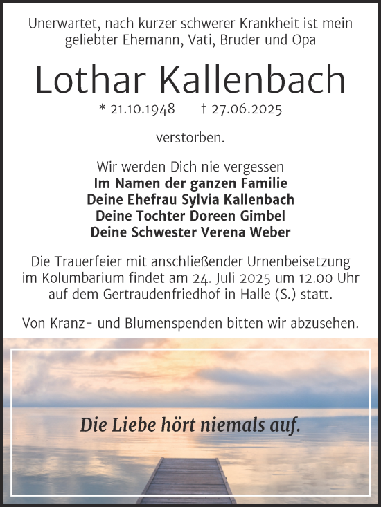 Traueranzeige von Lothar Kallenbach von Mitteldeutsche Zeitung Halle/Saalkreis