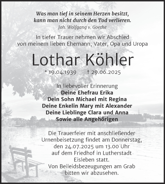 Traueranzeige von Lothar Köhler von Trauerkombi Mansfelder Land
