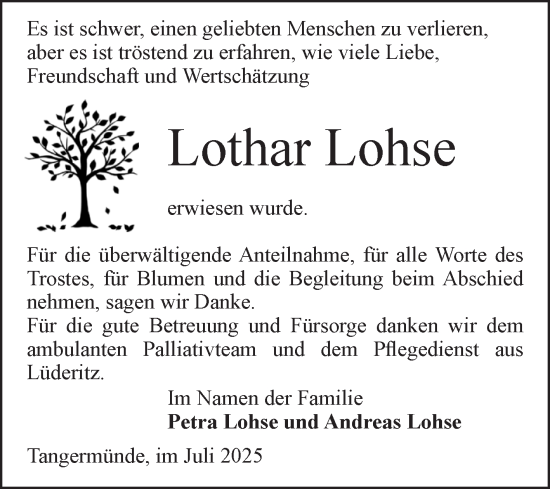 Traueranzeige von Lothar Lohse von Volksstimme Altmark Ost