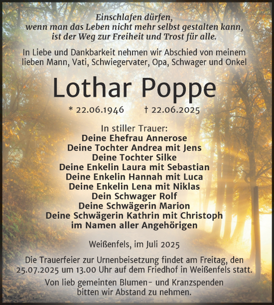 Traueranzeige von Lothar Poppe von Trauerkombi Weißenfels