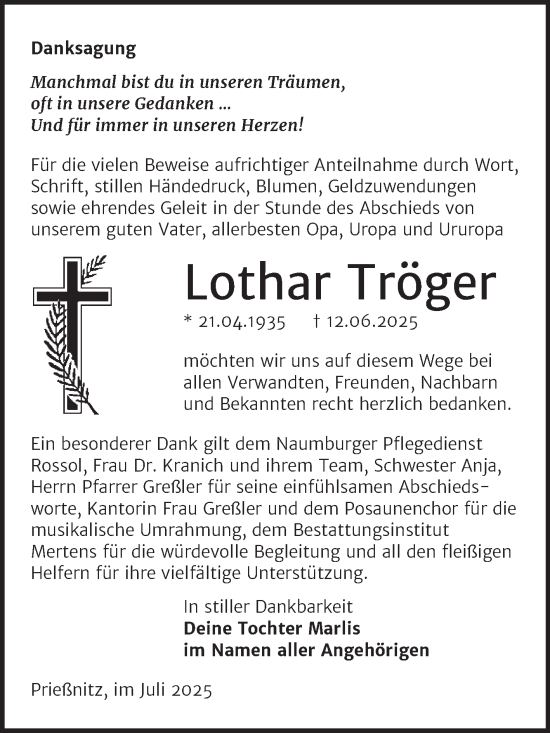 Traueranzeige von Lothar Tröger von Super Sonntag Naumburg/Nebra