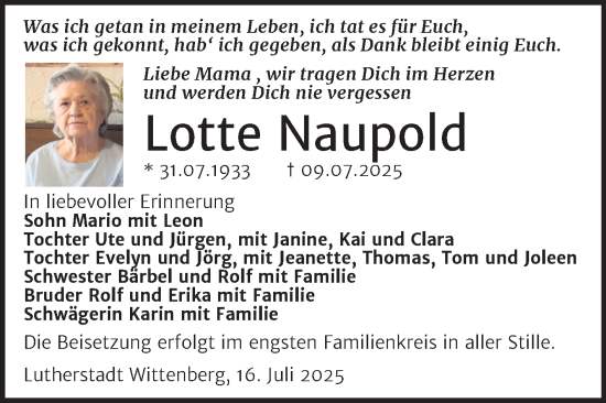 Traueranzeige von Lotte Naupold von Super Sonntag Wittenberg
