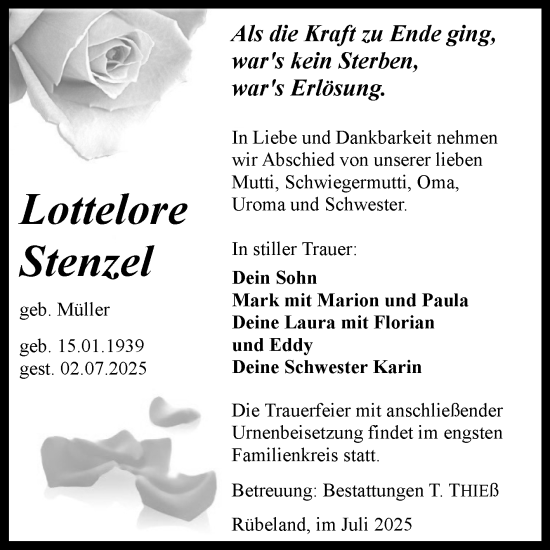 Traueranzeige von Lottelore Stenzel von Volksstimme Wernigerode