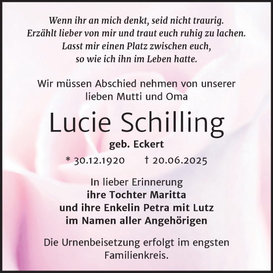 Traueranzeige von Lucie Schilling von Trauerkombi Zeitz