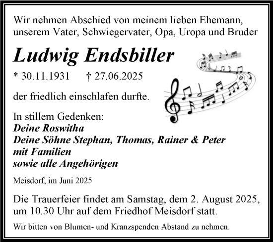 Traueranzeige von Ludwig Endsbiller von Trauerkombi Aschersleben