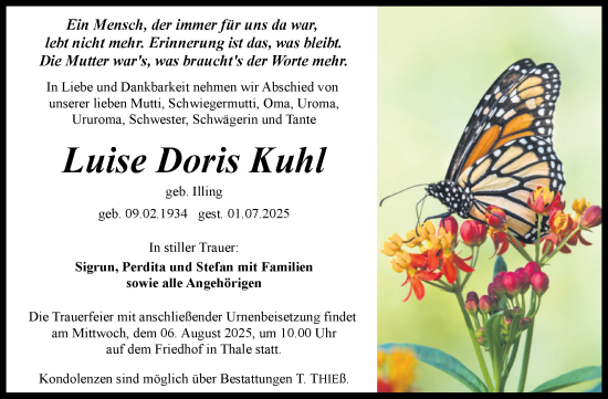 Traueranzeige von Luise Doris Kuhl von Trauerkombi Quedlinburg