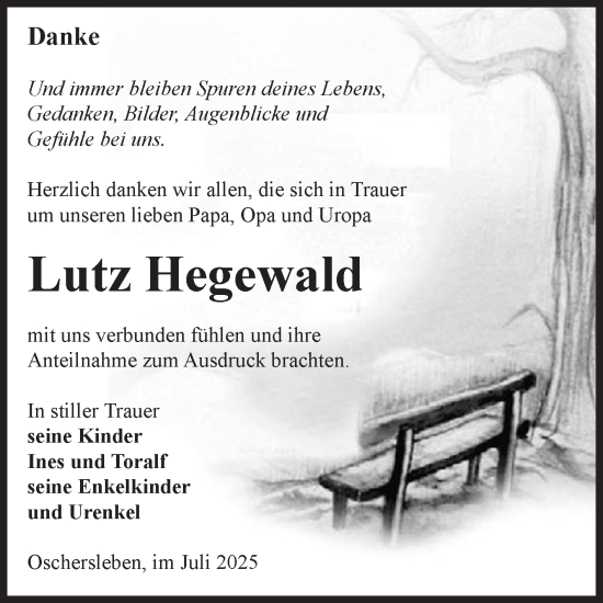 Traueranzeige von Lutz Hegewald von Volksstimme Oschersleben/Wanzleben