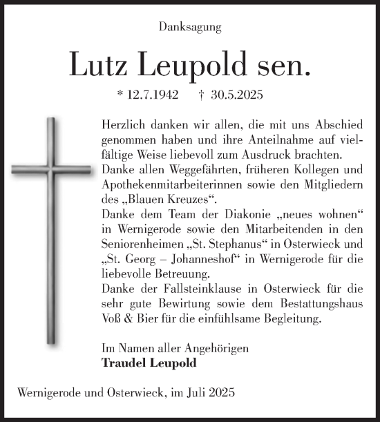 Traueranzeige von Lutz Leupold von Volksstimme Halberstadt