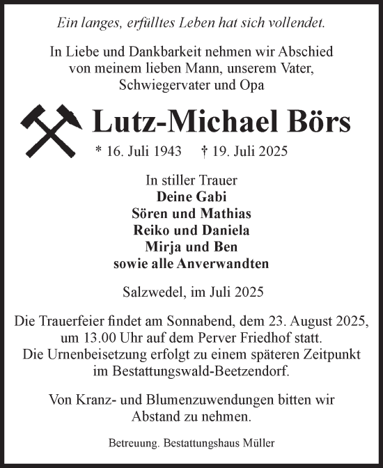 Traueranzeige von Lutz-Michael Börs von Volksstimme Altmark West