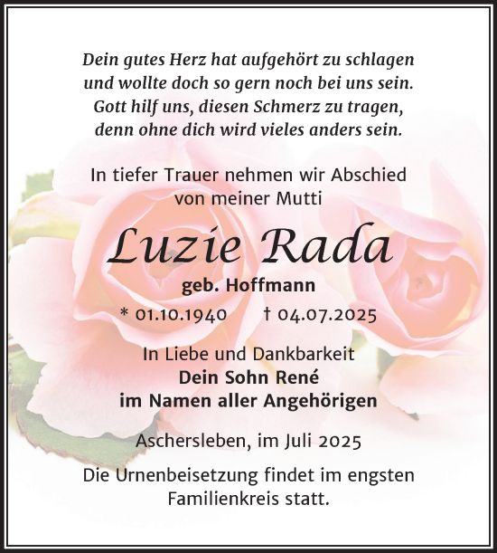 Traueranzeige von Luzie Rada von Trauerkombi Aschersleben