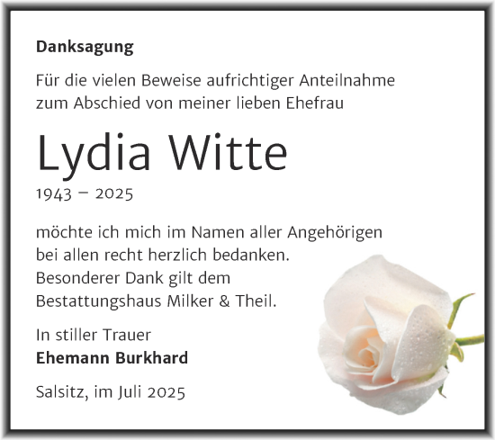Traueranzeige von Lydia Witte von Trauerkombi Zeitz