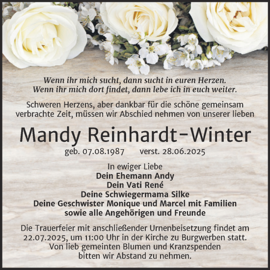 Traueranzeige von Mandy Reinhardt-Winter von Trauerkombi Weißenfels