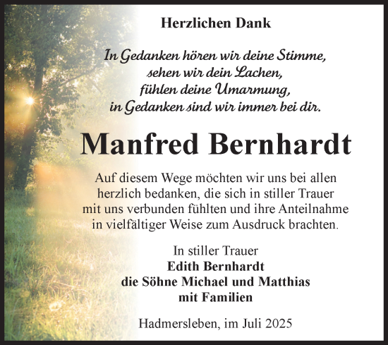Traueranzeige von Manfred Bernhardt von Volksstimme Oschersleben/Wanzleben