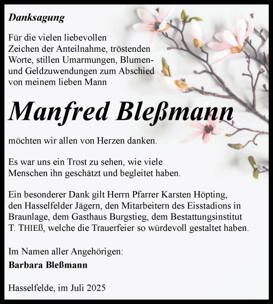 Traueranzeige von Manfred Bleßmann von Volksstimme Wernigerode