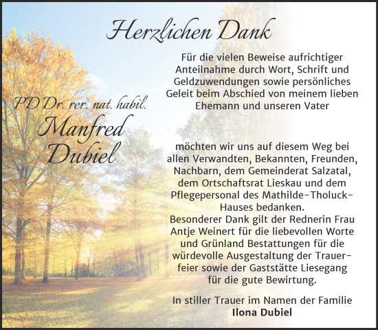 Traueranzeige von Manfred Dubiel von Mitteldeutsche Zeitung Halle/Saalkreis
