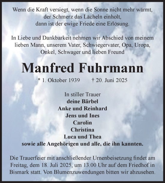 Traueranzeige von Manfred Fuhrmann von Volksstimme Altmark Ost