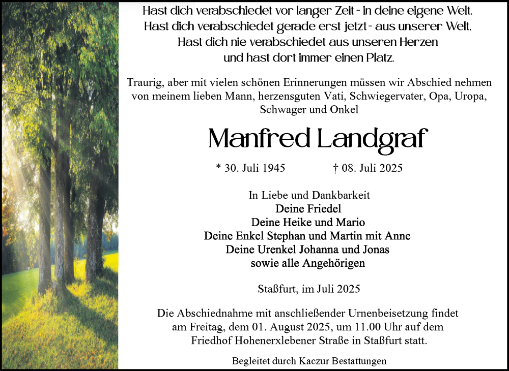  Traueranzeige für Manfred Landgraf vom 12.07.2025 aus 