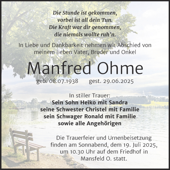 Traueranzeige von Manfred Ohme von Trauerkombi Mansfelder Land