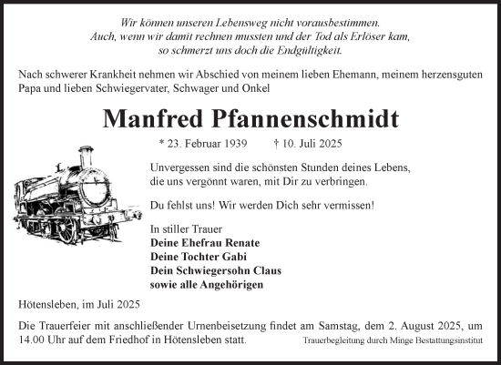 Traueranzeige von Manfred Pfannenschmidt von Volksstimme Oschersleben/Wanzleben