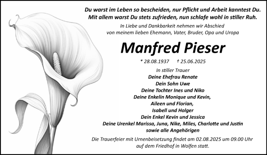 Traueranzeige von Manfred Pieser von Trauerkombi Bitterfeld