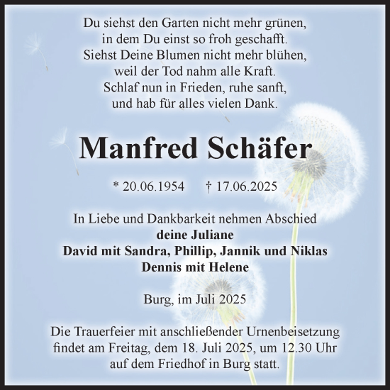 Traueranzeige von Manfred Schäfer von Volksstimme Burg/Genthin