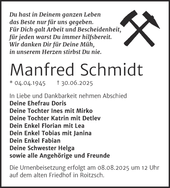 Traueranzeige von Manfred Schmidt von Trauerkombi Bitterfeld