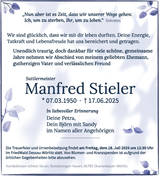 Traueranzeige von Manfred Stieler von Trauerkombi Wittenberg